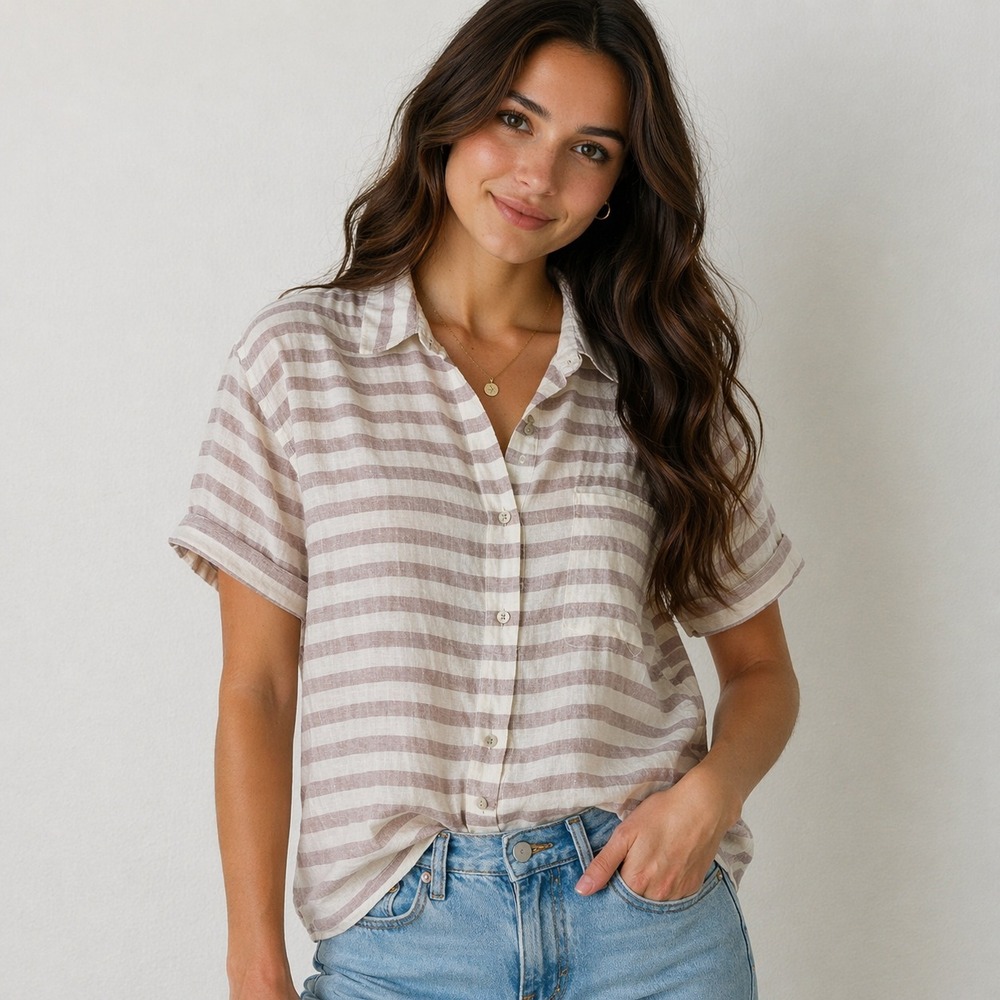 Rachel Zoe Cream and Taupe Striped Button-Up Blouse